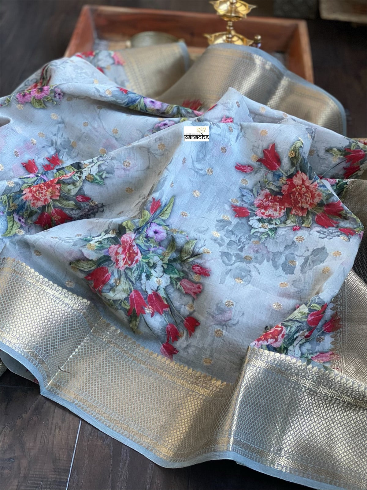 Mulmul Banarasi Floral - Grey Multi color