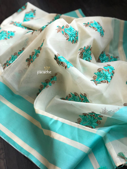 Kora Silk Embroidered - Beige Sea Green