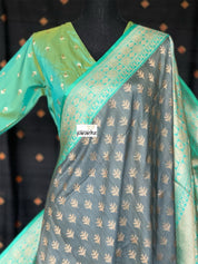 Pure Tassur Silk Banarasi - Grey Sea Green