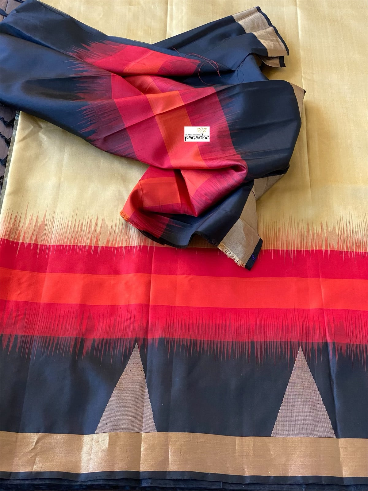 Pure Silk Kanjivaram - Ochre Golden Yellow Red Black