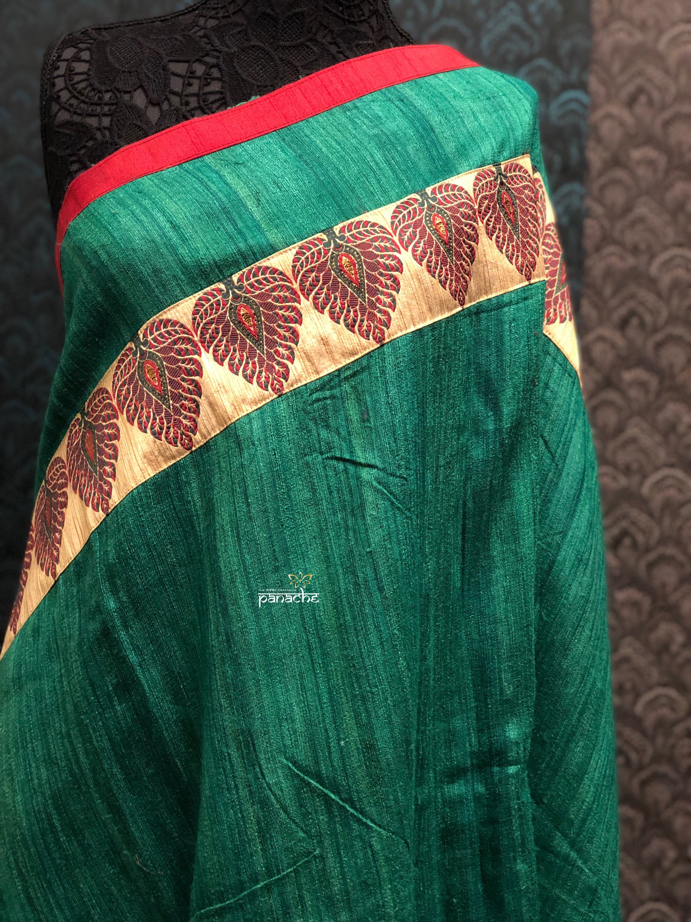 Designer Tussar Gicha Silk - Green Zari Motifs