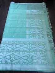 Linen Silk Banarsi - Mint Green Silver Zari