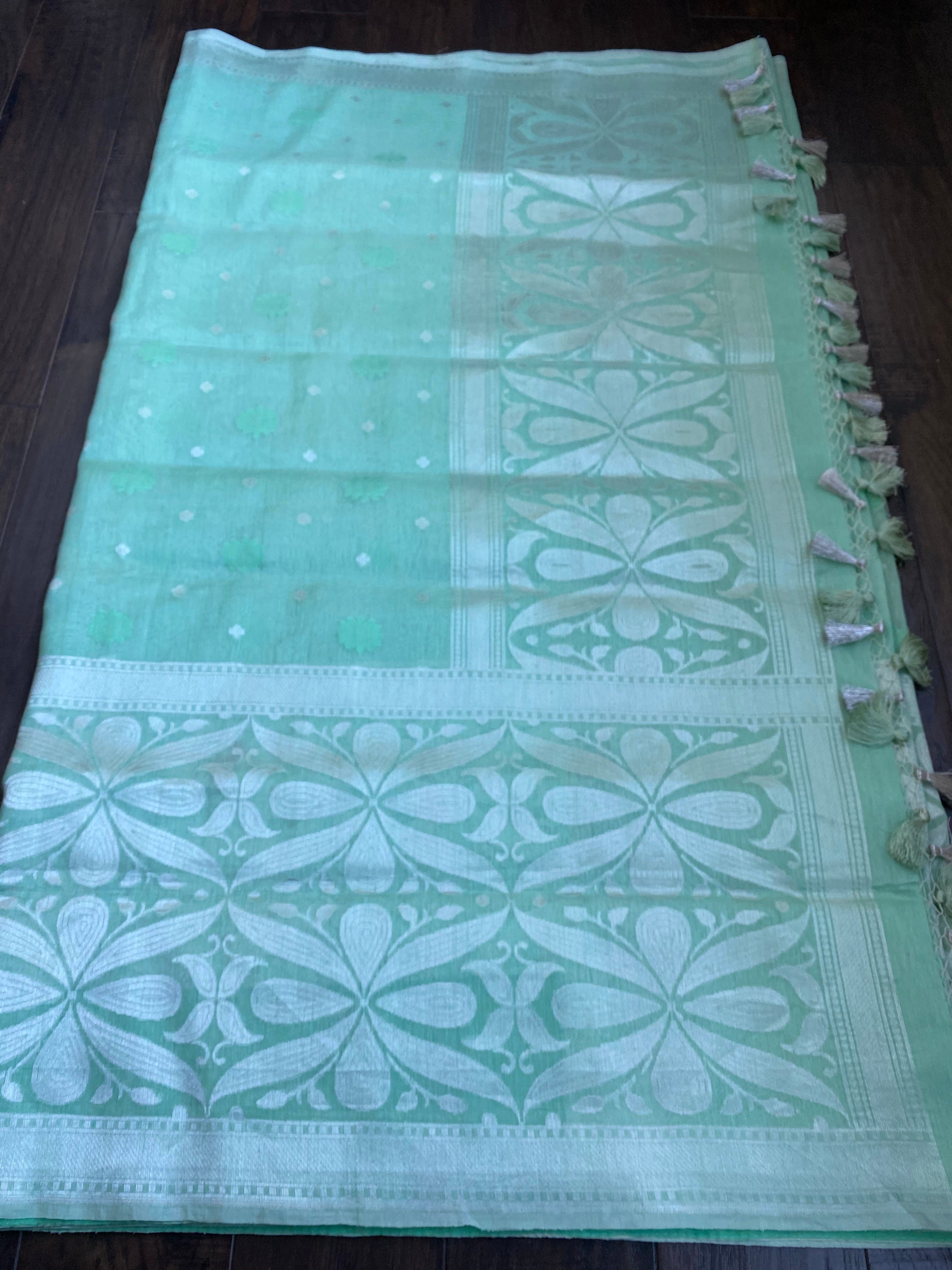 Linen Silk Banarsi - Mint Green Silver Zari
