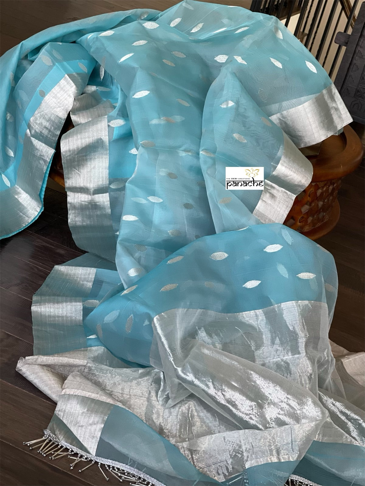 Chanderi Organza Silk - Light Blue Silver Zari