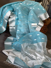 Chanderi Organza Silk - Light Blue Silver Zari