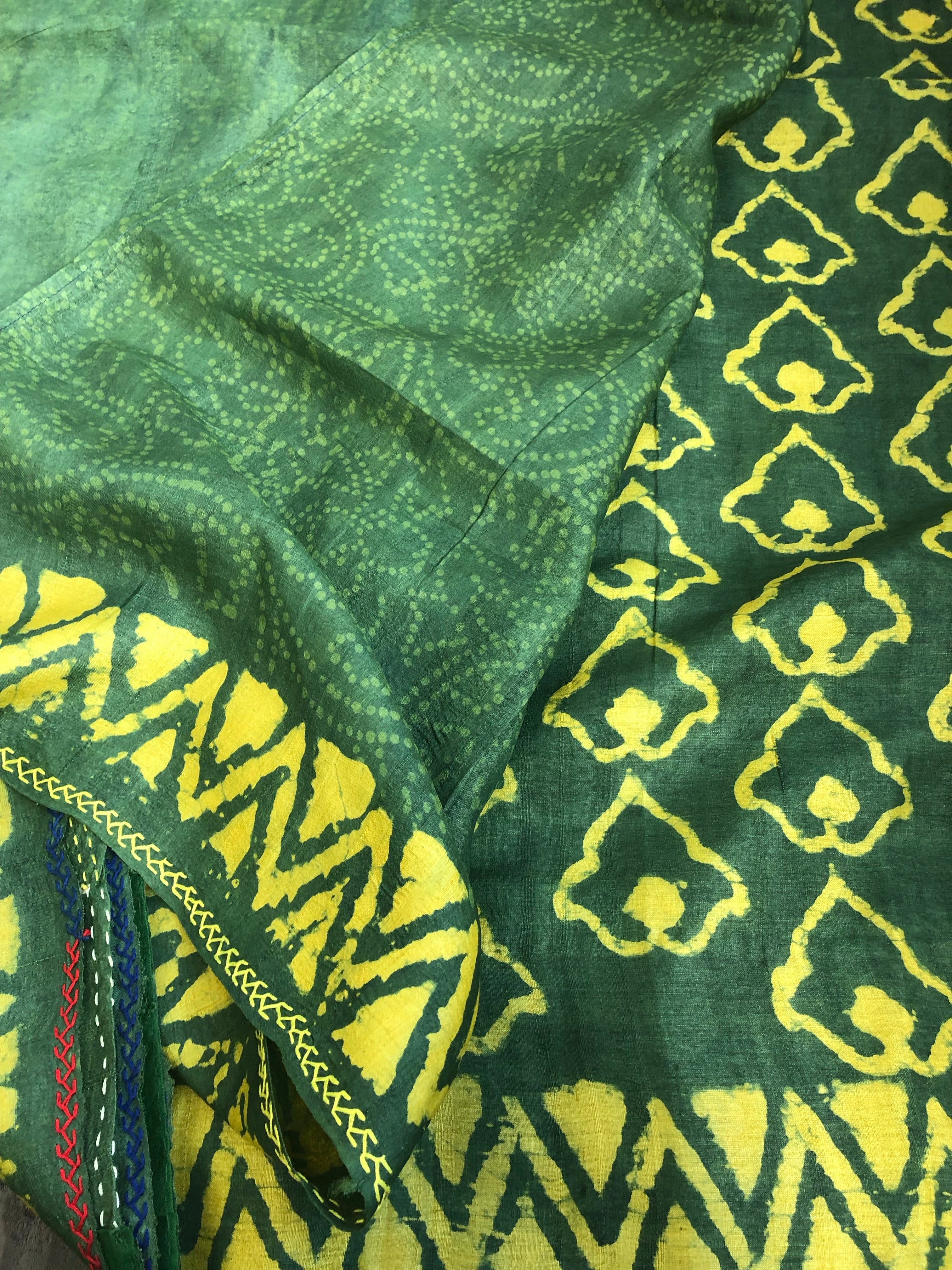 Pure Tussar Silk - Bottle Green Yellow Printed Kantha Stitch