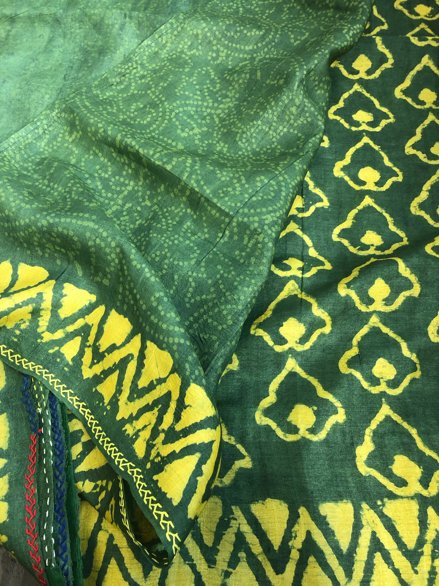 Pure Tussar Silk - Bottle Green Yellow Printed Kantha Stitch