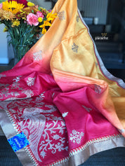 Designer Tussar Silk - Golden Yellow Raspberry Red