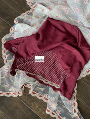 Designer Organza - Off-white Maroon Hand embroidered