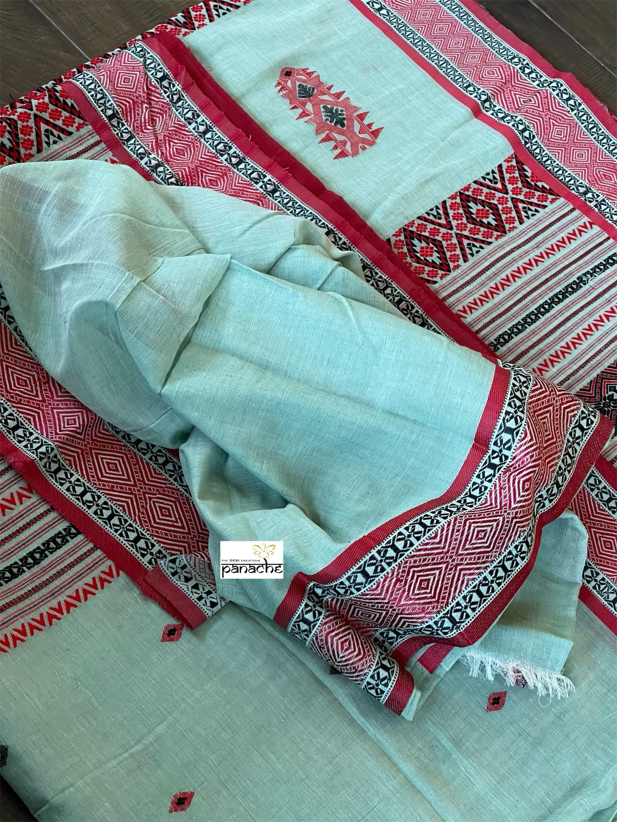 Khadi Cotton Dongria - Light Teal Blue Red HandWoven
