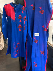 Khadi Cotton Saree Kurta Pair - Royal Blue Red