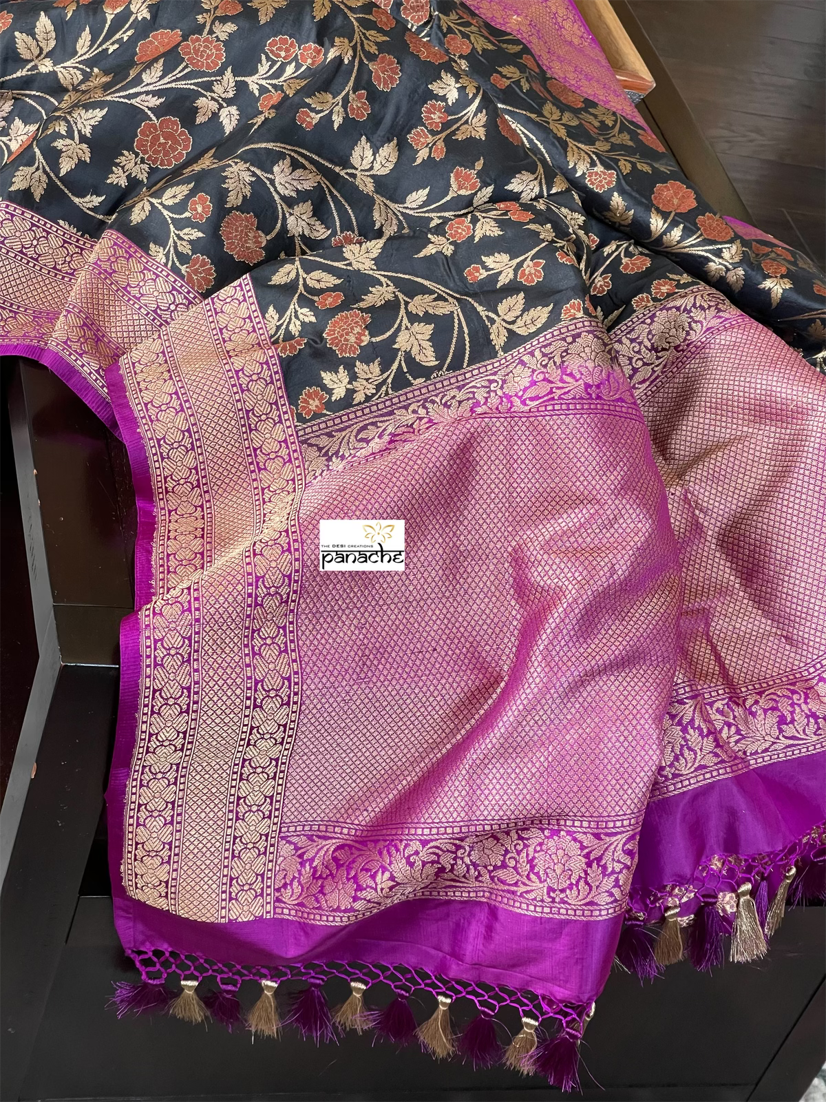 Pure Silk Jangla Banarasi - Black Magenta Purple Antique Golden Zari
