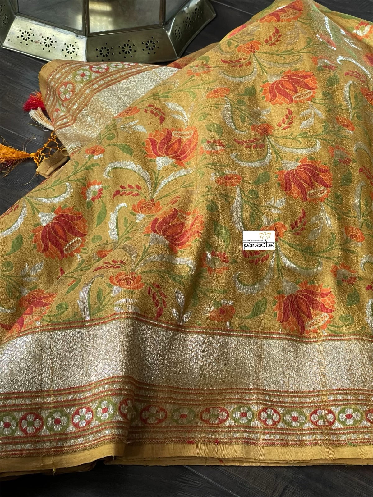 Tussar Georgette Banarasi - Ochre Yellow Green Kadwa