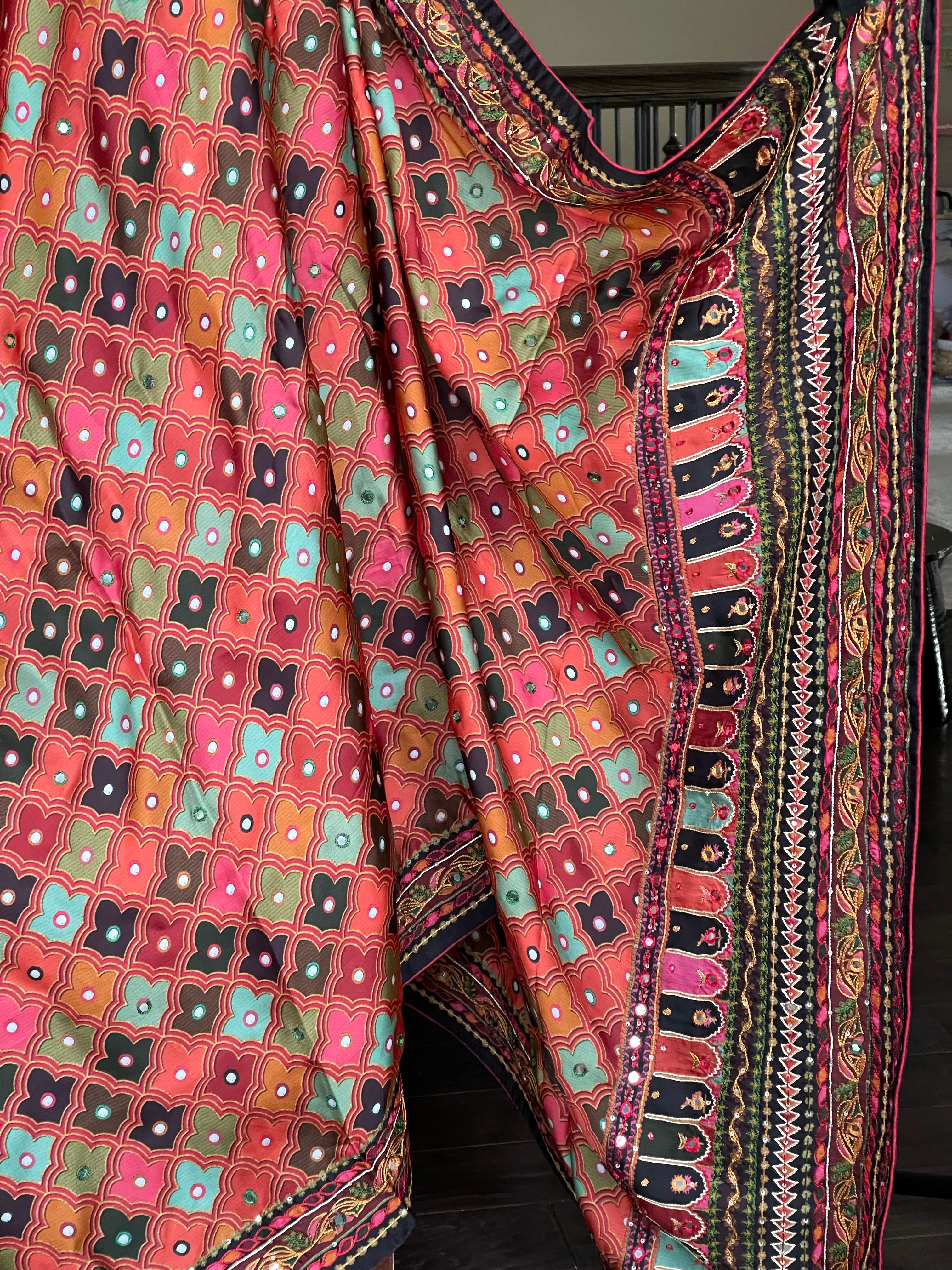 Designer Satin Georgette Silk - Brown Rust Multi Color