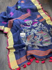 Handloom Banarasi Linen -  Navy Blue Zari woven