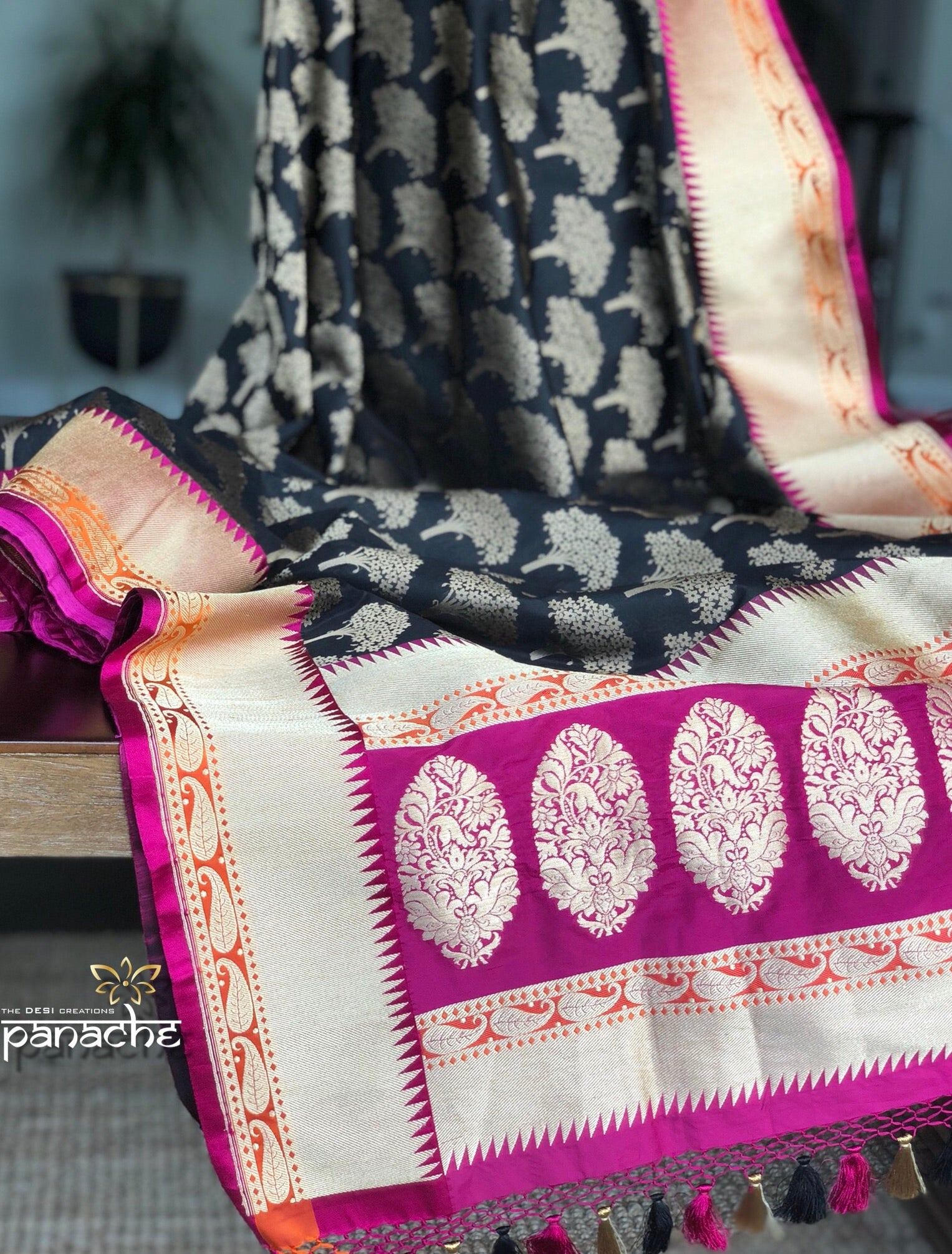 Silk Banarasi - Black Purple Antique Zari
