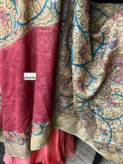 Pen Kalamkari Tussar Silk - Hand-painted Brick Red