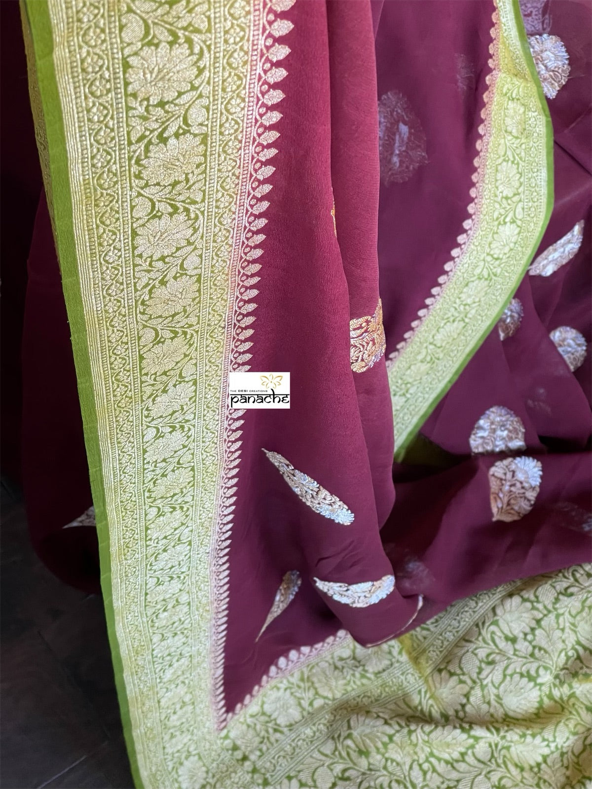 Khaddi Georgette Banarasi - Maroon Mehendi Green Kadwa