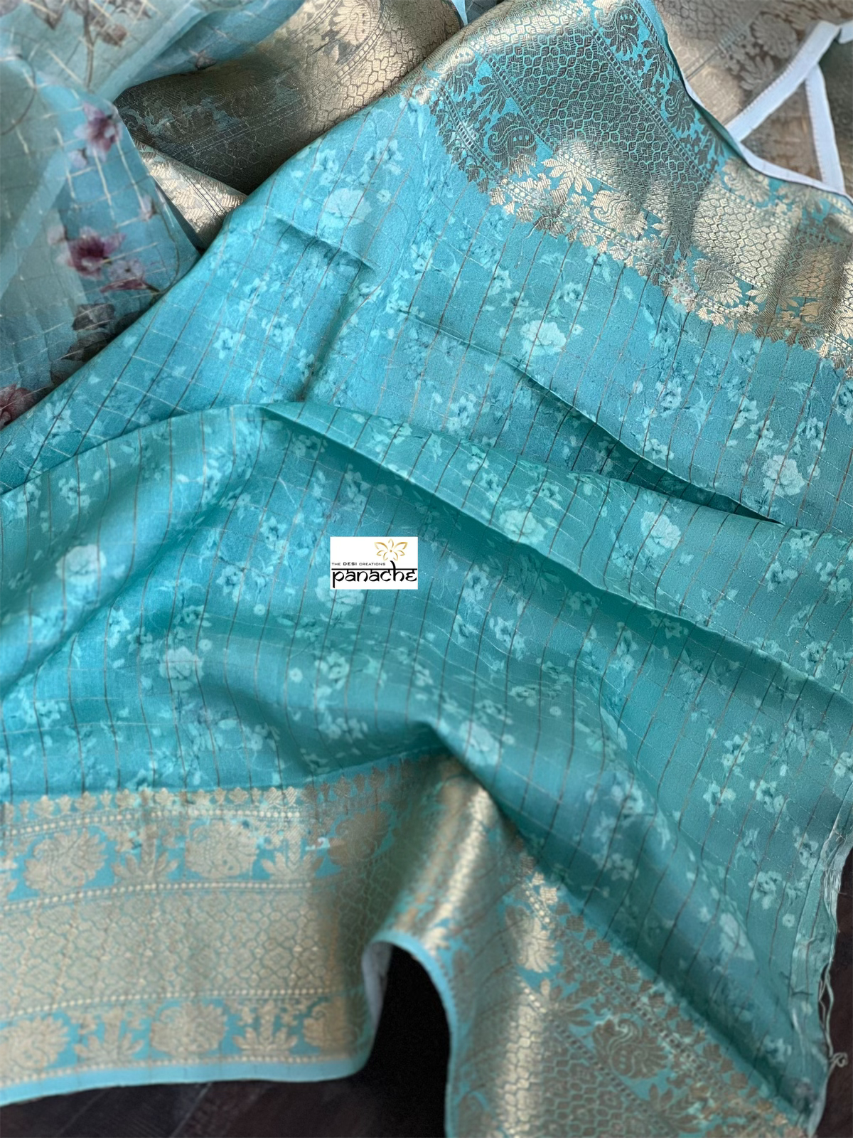 Banarasi Organza Floral - Seagreen Golden Zari Checks
