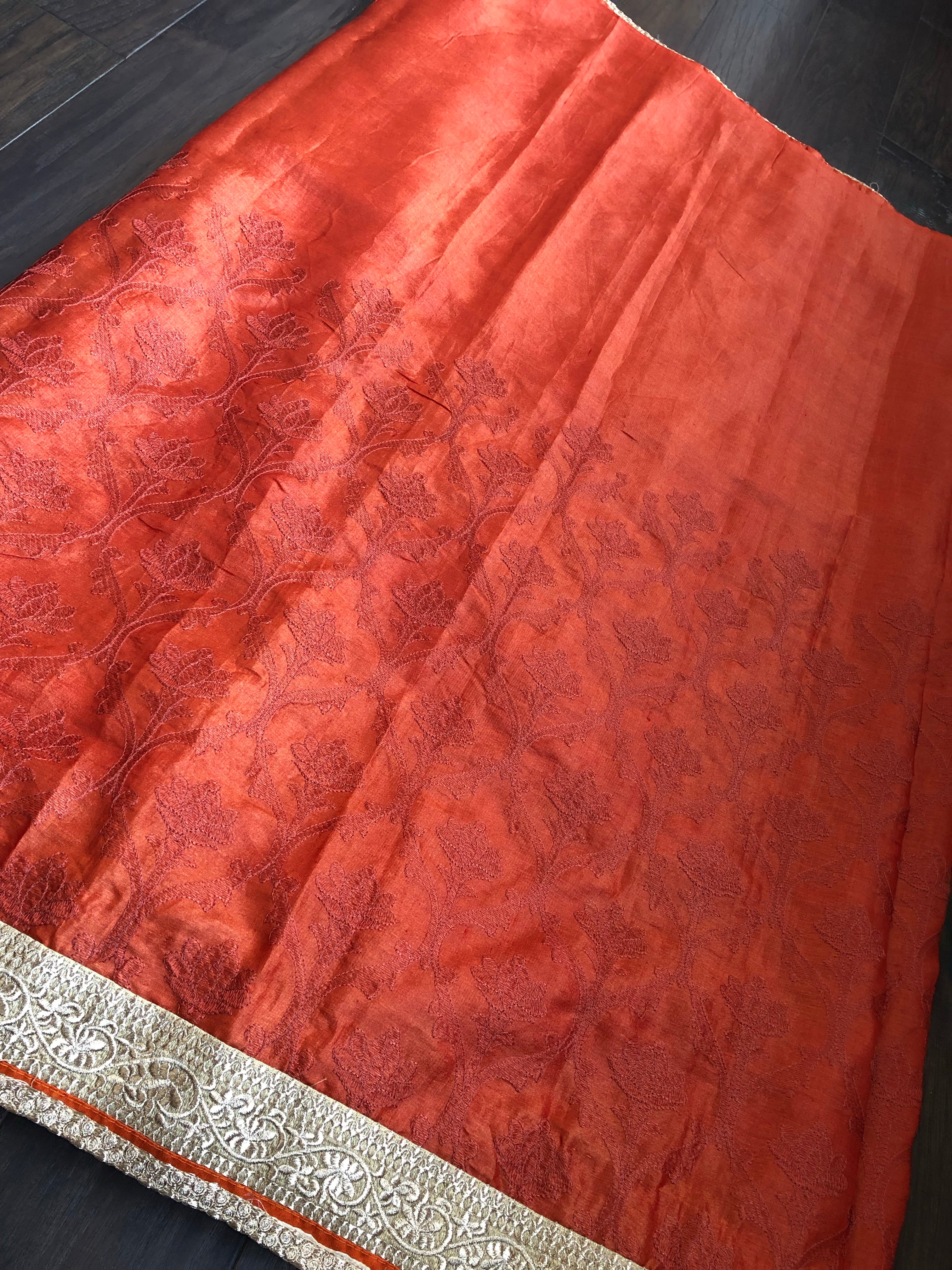 Designer Tussar Silk - Rust Golden Zari Woven