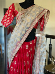 Designer Saree - Golden Tissue Red Soft Silk Half Half