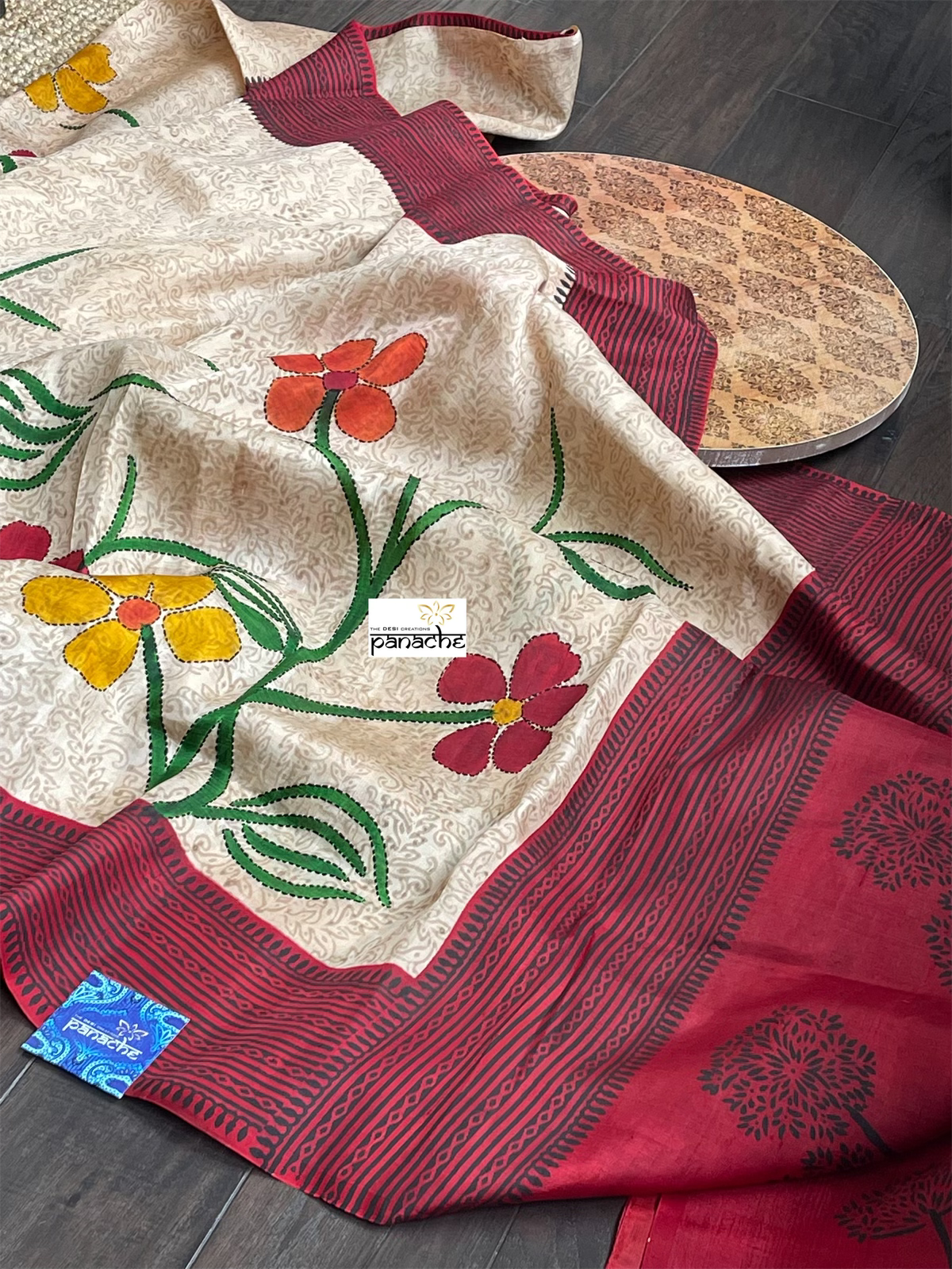 Pure Tussar Silk - Beige Red Black