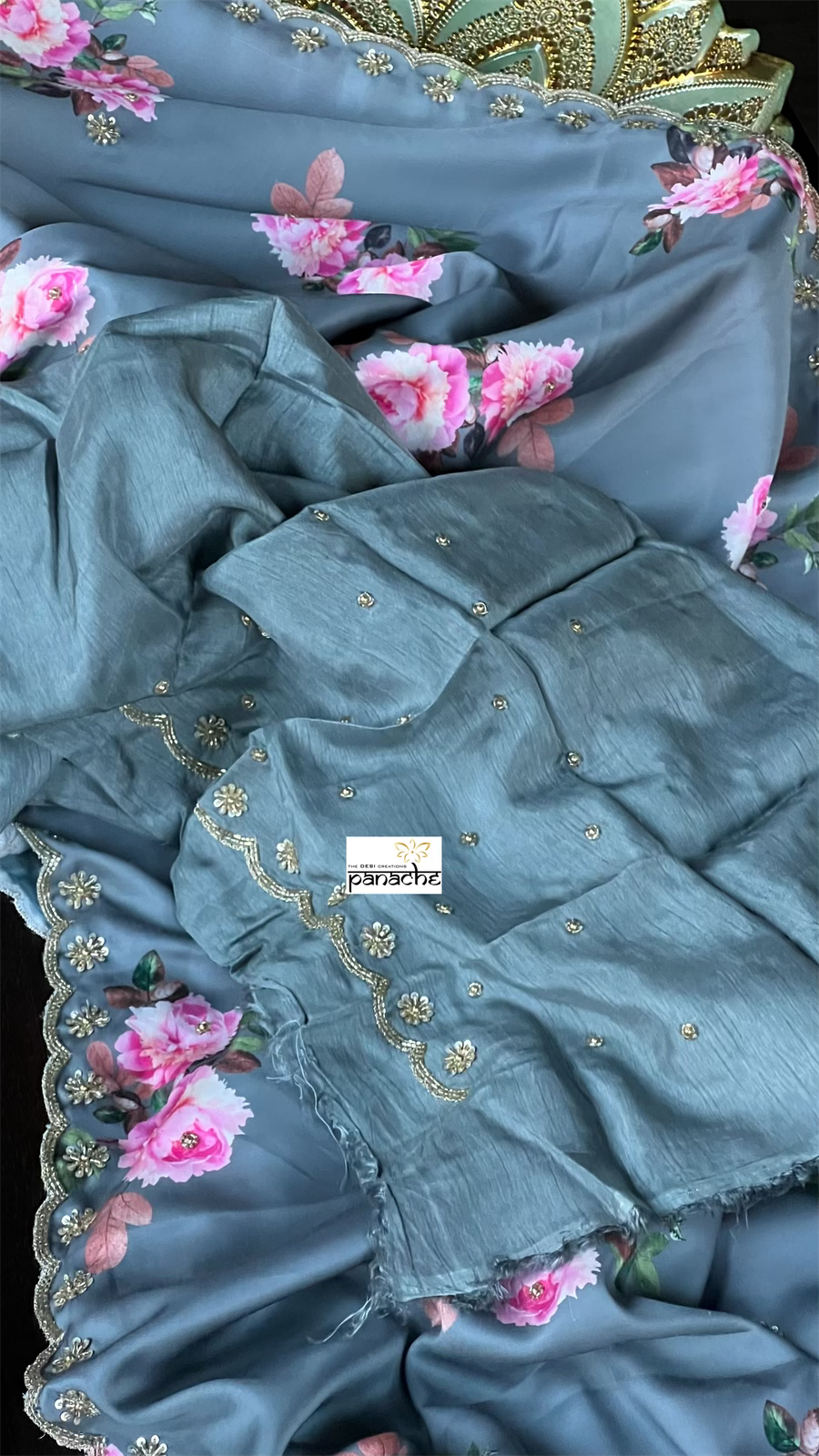 Designer Satin Silk Floral - Grey Pink