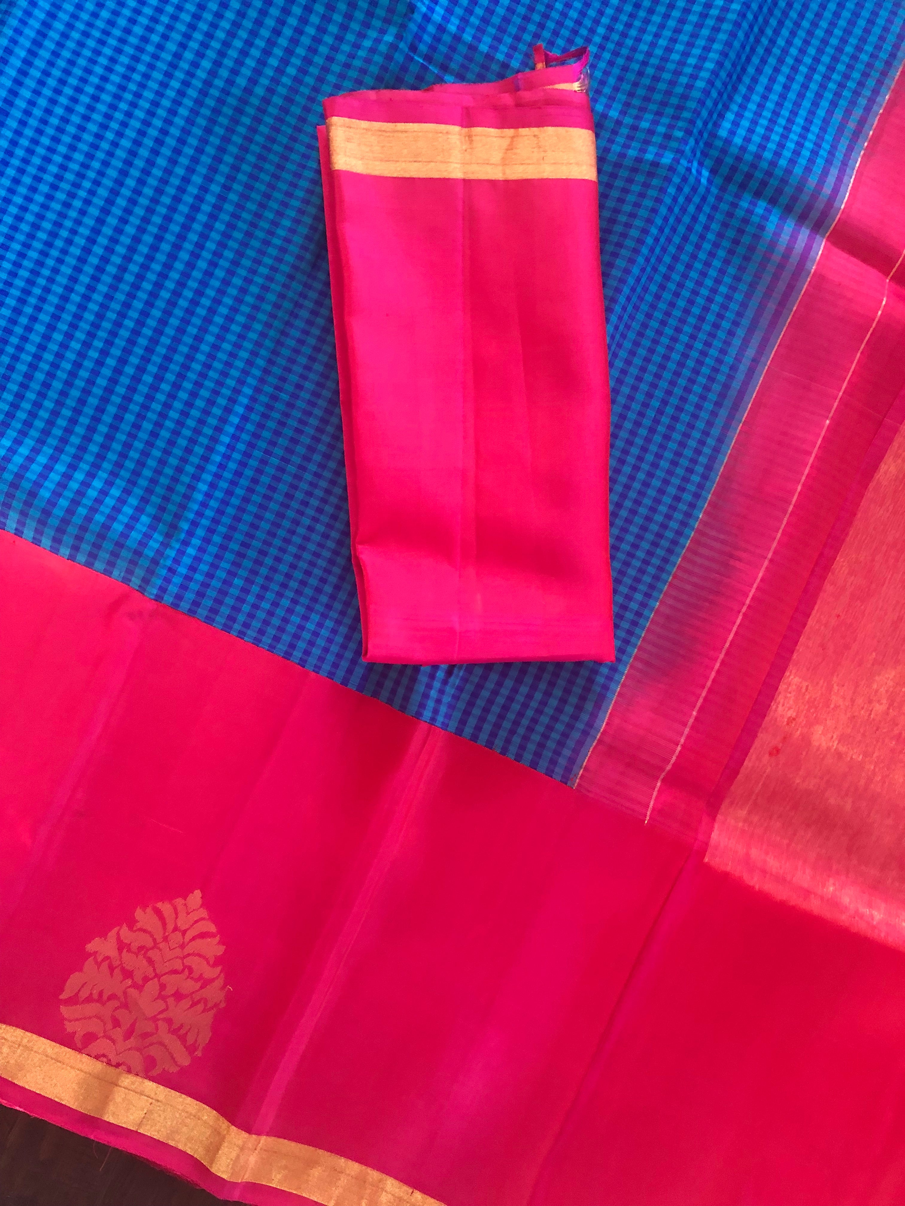 Pure Silk Kanjivaram - Royal Blue Checkered Hot Pink