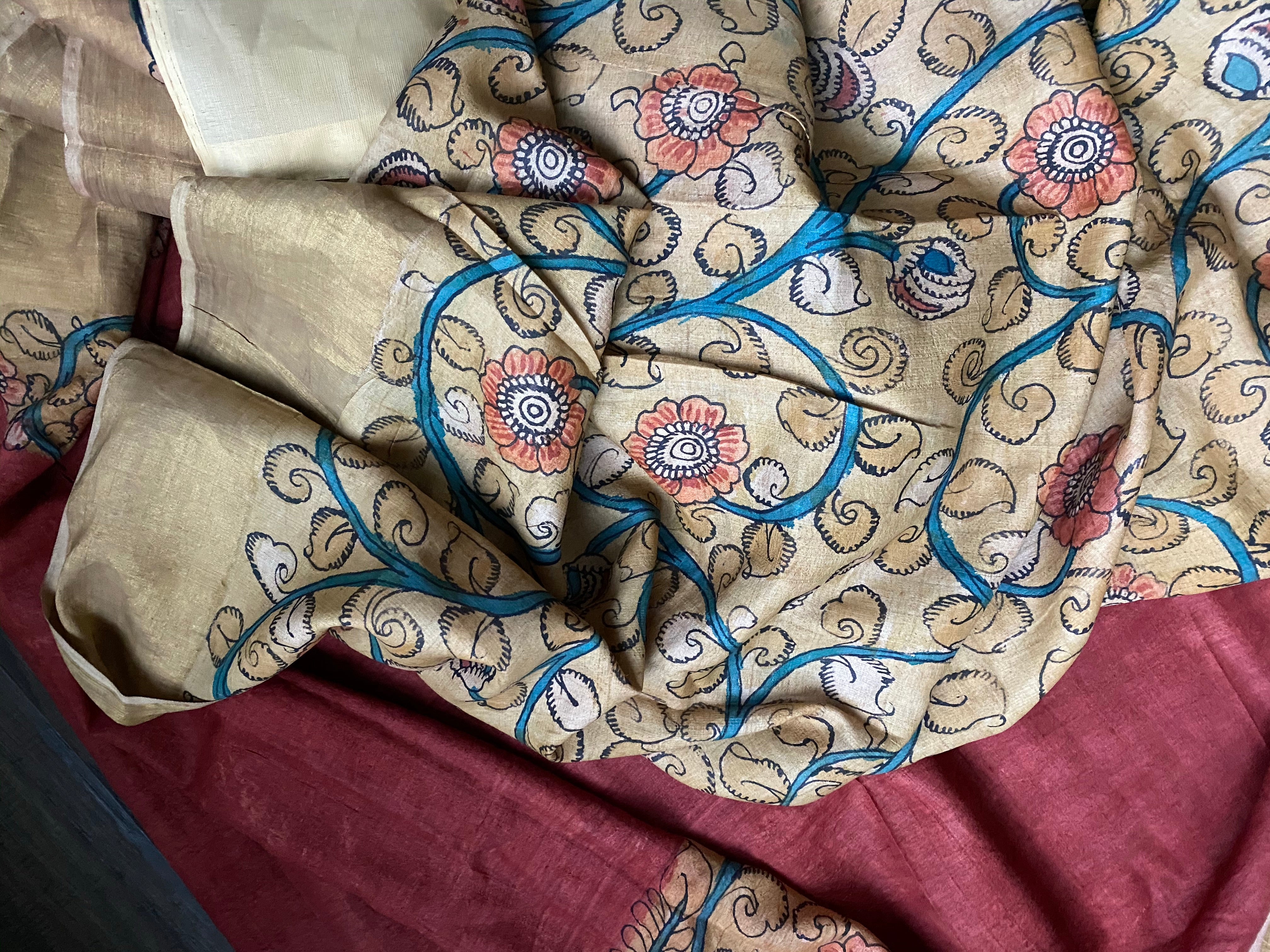 Pen Kalamkari Tussar Silk - Hand-painted Brick Red