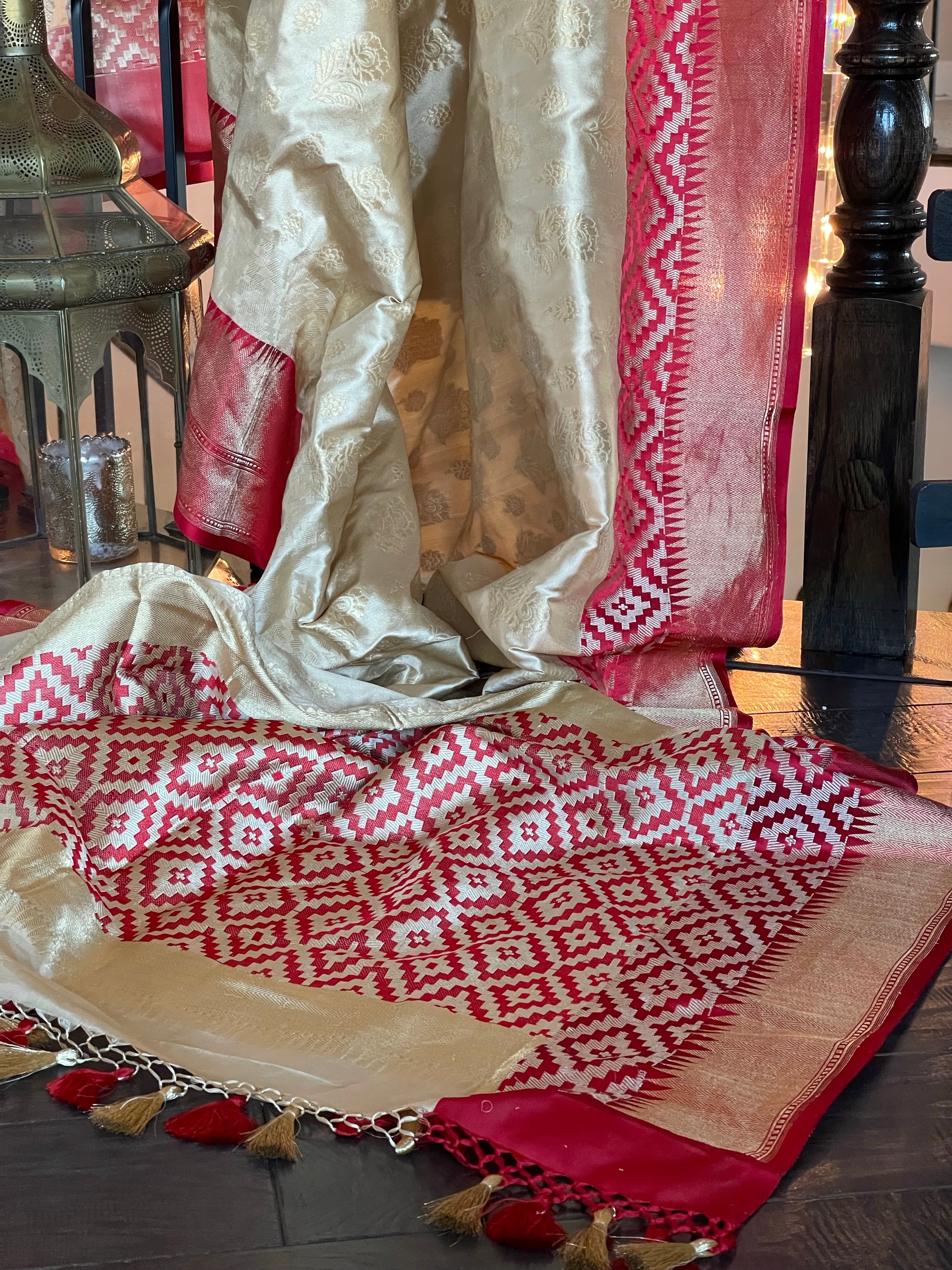 Pure Katan Silk Banarasi - Golden Beige Red Kadwa woven