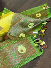 Linen Silk Banarasi - Yellow Green Antique Lotus