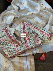 Pure Chanderi Pattu Silk - Off white Red Meenakari