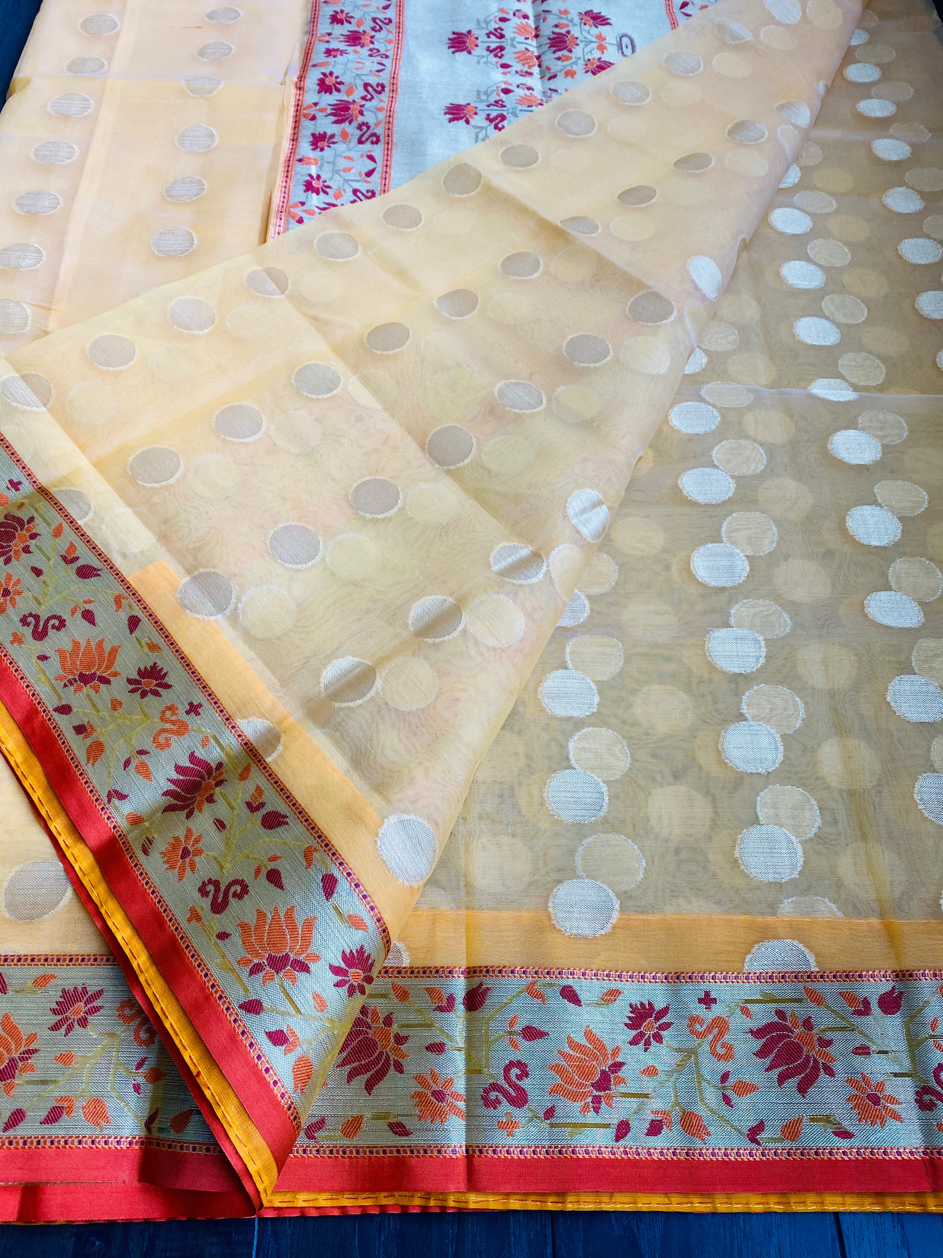 Kora Silk Paithani - Yellow Orange