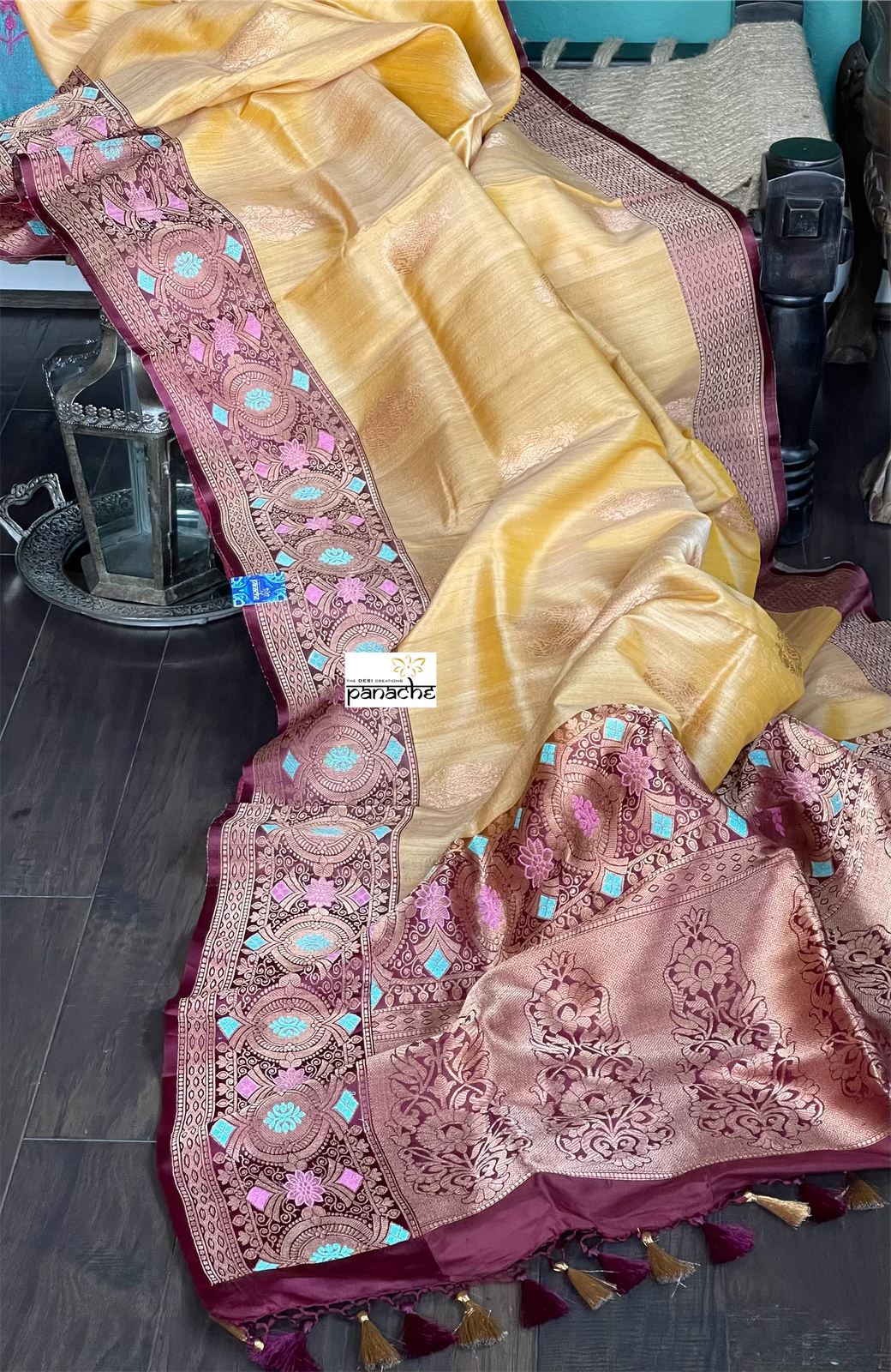 Tussar Silk Banarasi - Peach Yellow Antique Zari