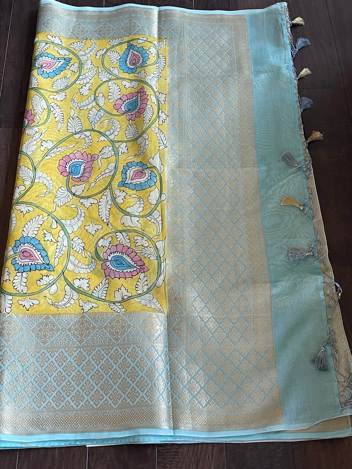 Pure Cotton Silk Kalamkari Banarasi- Yellow