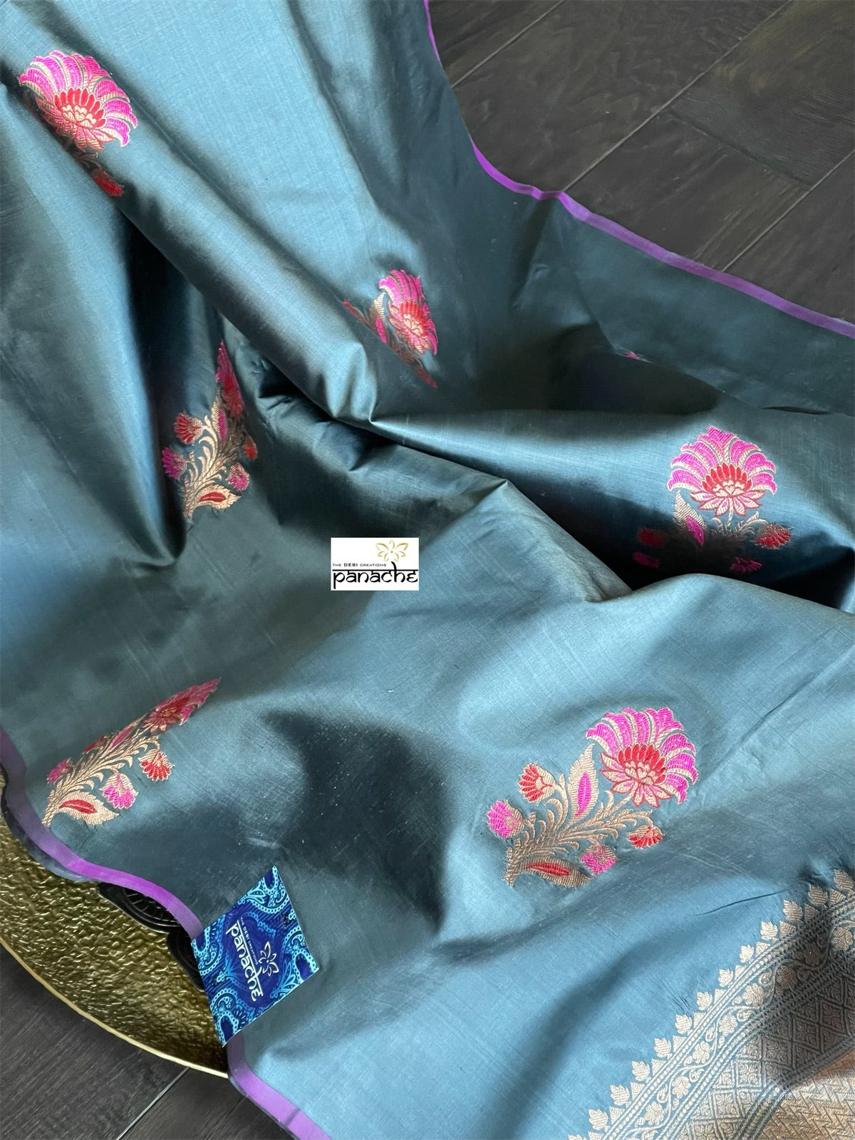 Pure Katan Silk Banarasi - Bluish Grey Purple