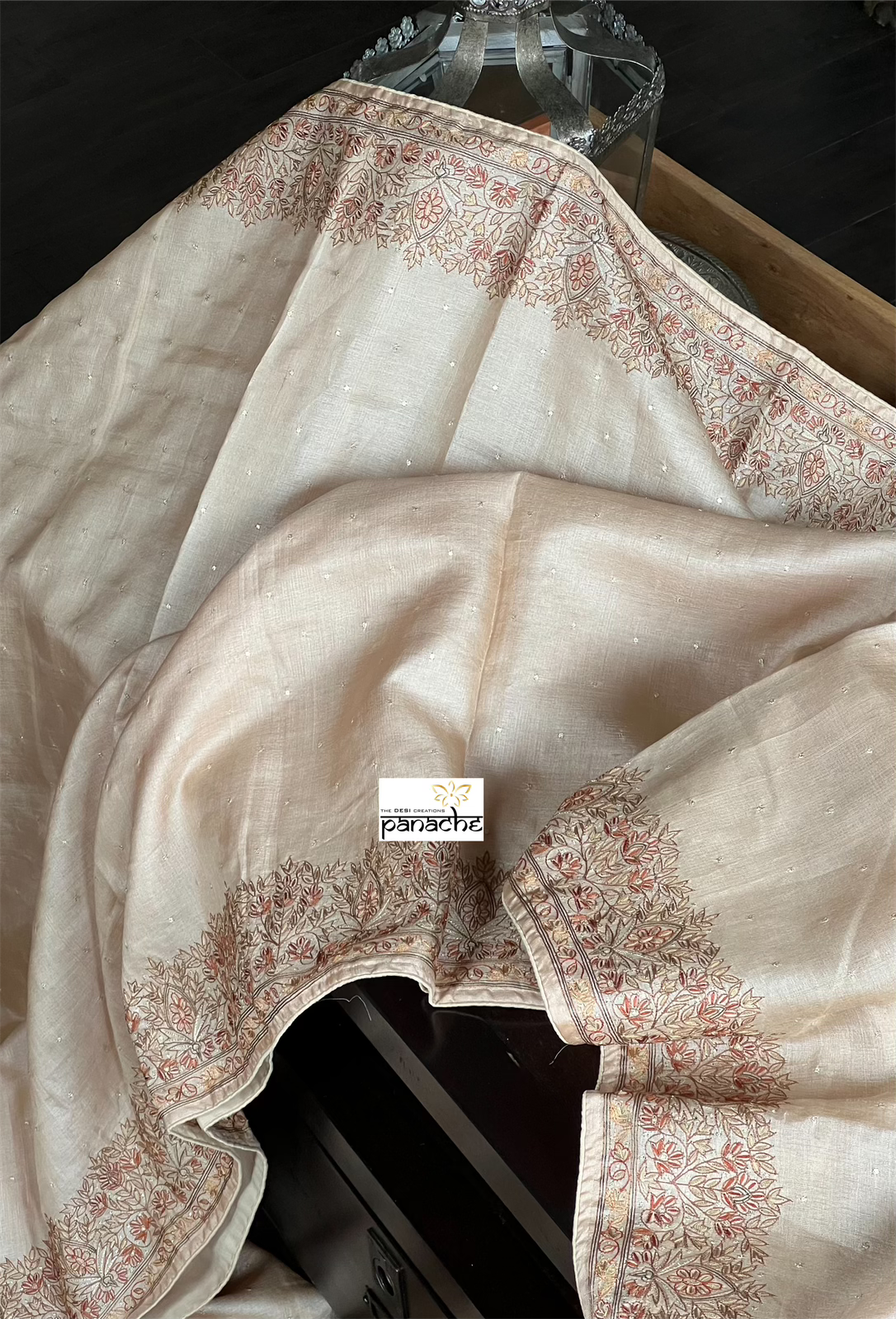 Hand Embroidered Tussar Silk - Tan Beige