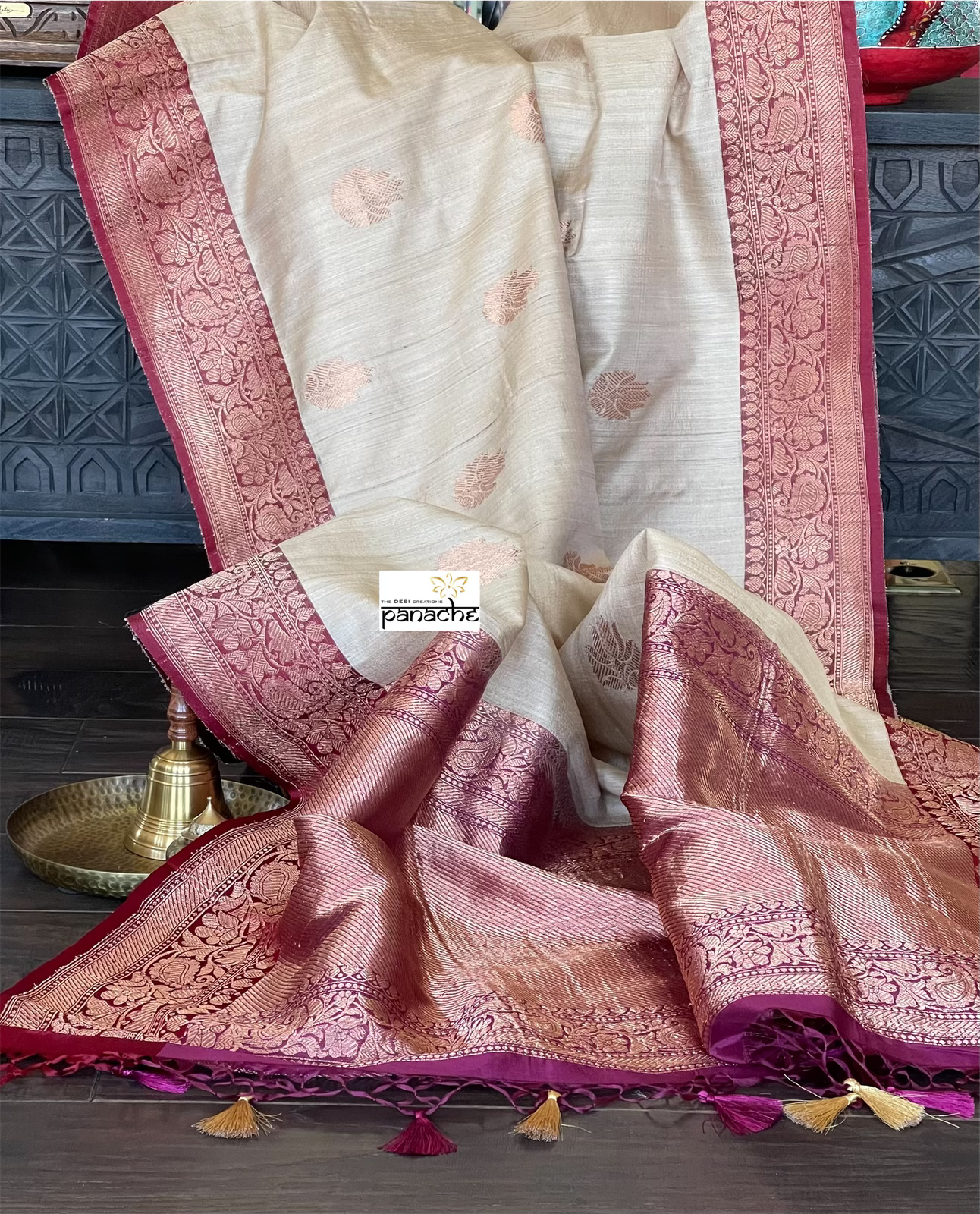 Pure Tussar Silk Banarasi - Beige Maroon