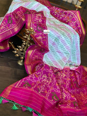 Pure Silk Ikat -  Offwhite Green Magenta