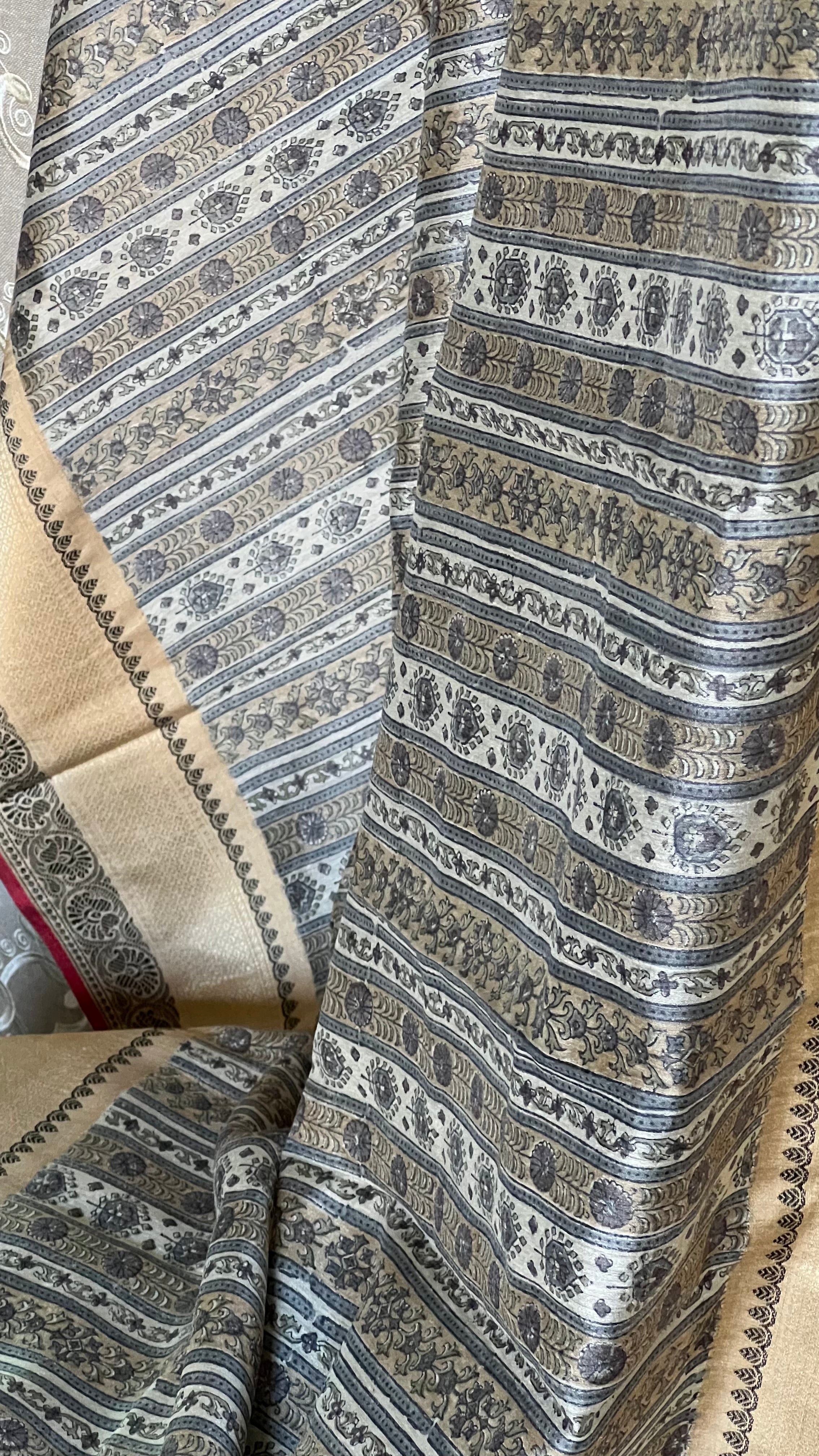 Muga Silk - Beige Black Printed