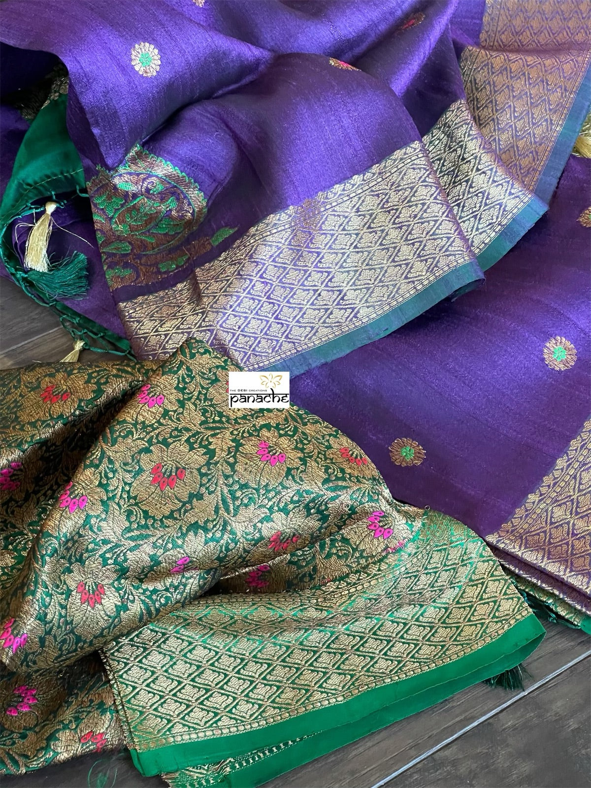Tussar Silk Banarasi - Purple Green Jewel Tone
