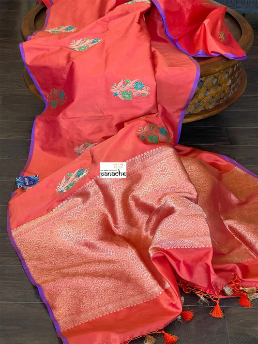 Katan Silk Banarasi - Red Orange Meenakari