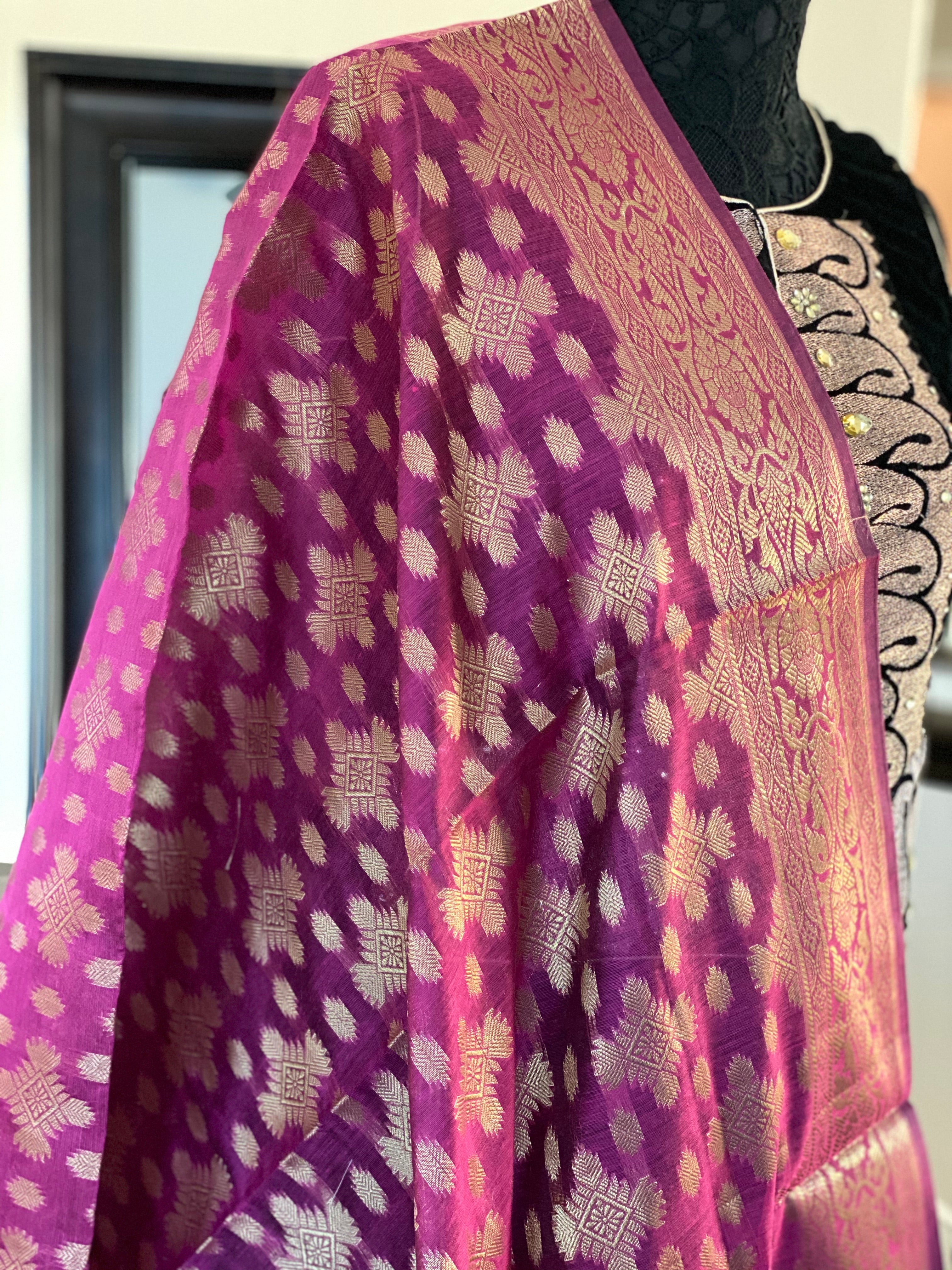 Silk Cotton Dupatta - Magenta Golden Zari