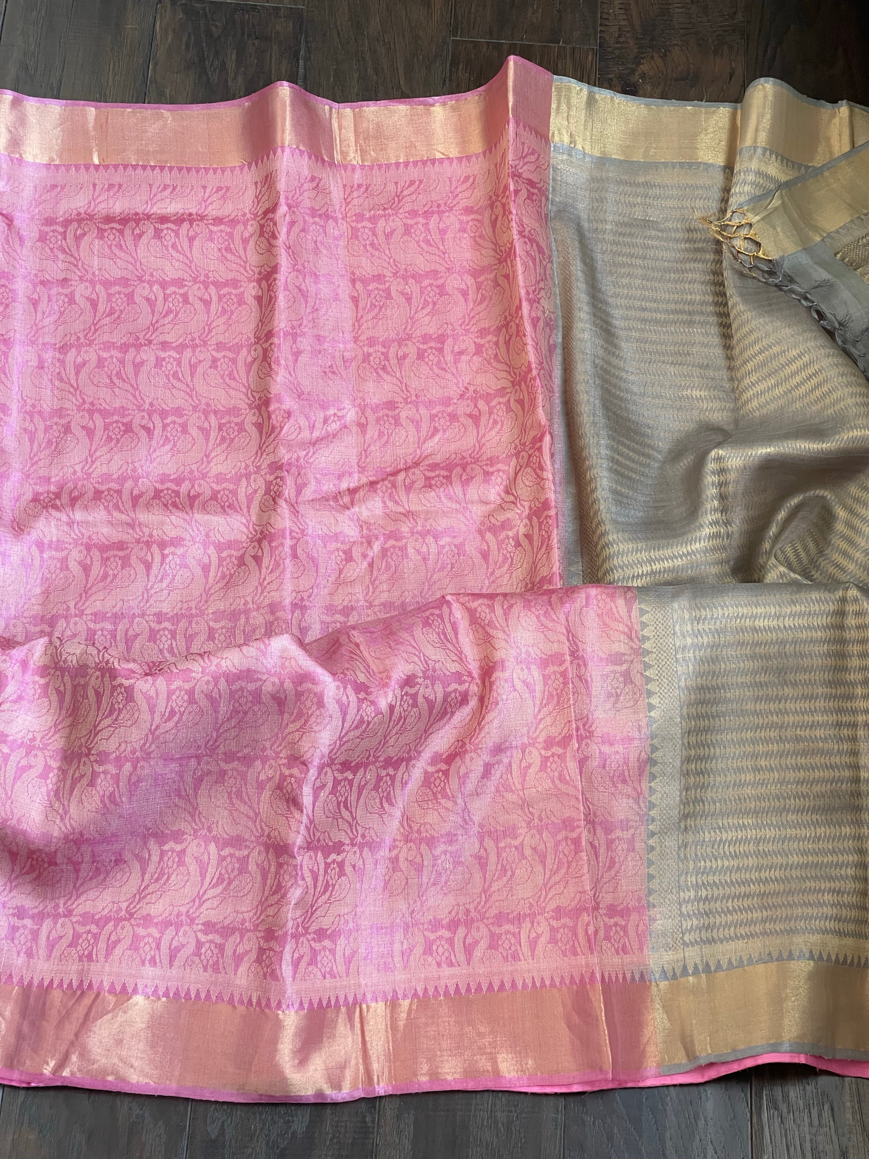 Tussar Silk - Light Pink Grey Resham Woven
