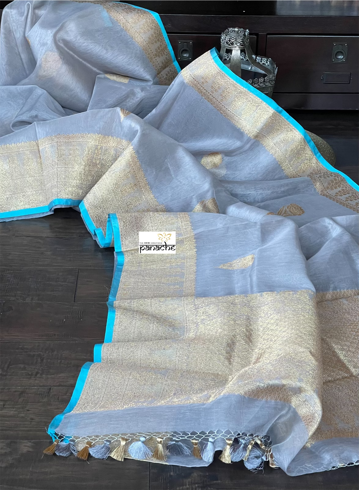 Linen Silk Banarasi - Grey Firozi