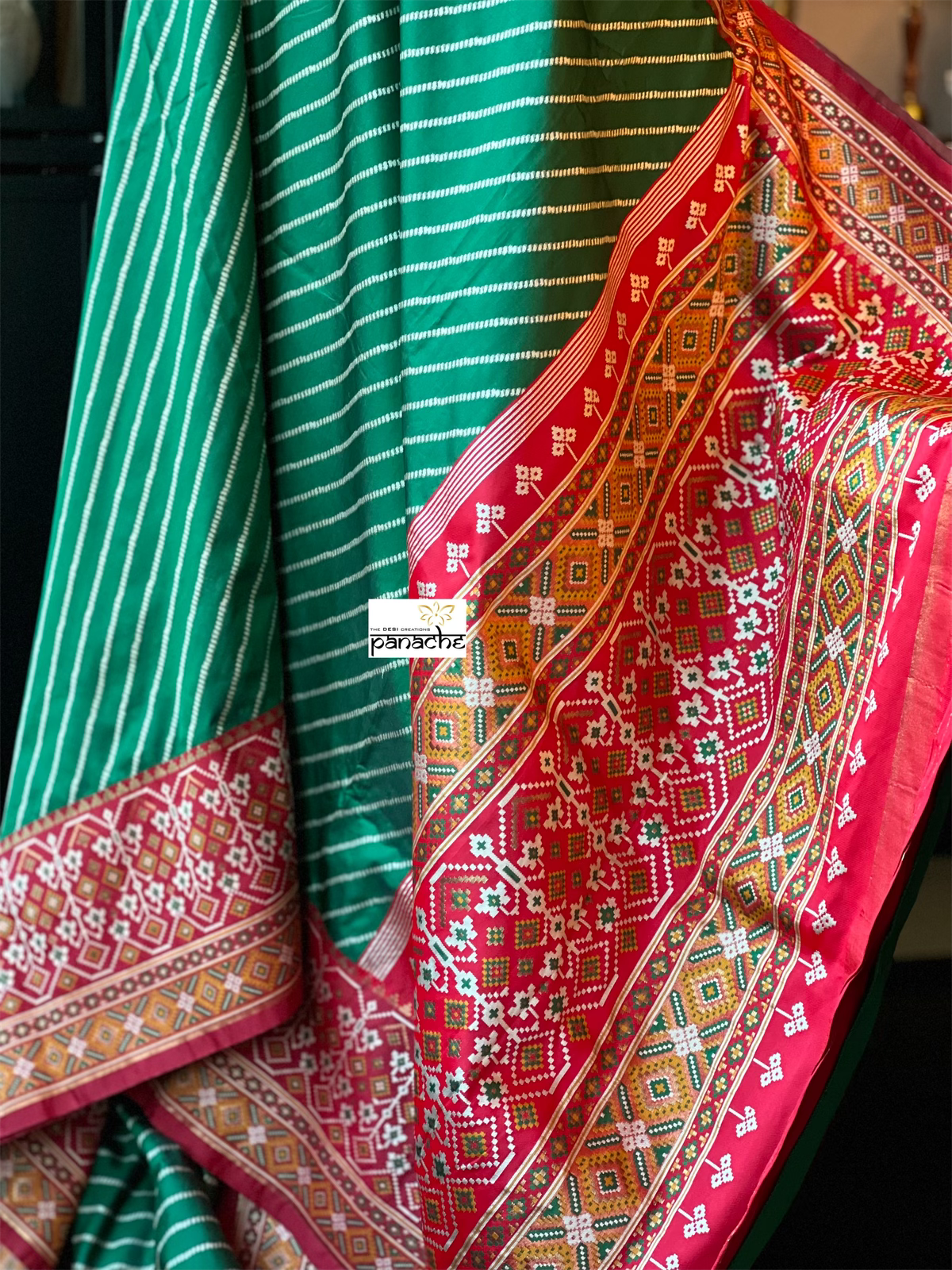 Soft Silk Patola Banarasi - Green Red Antique Golden Zari