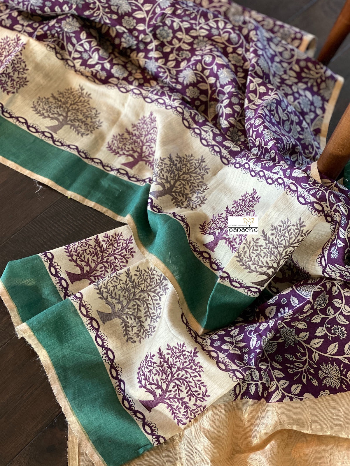 Kalamkari Printed Muga Silk - Purple Teal Embroidered