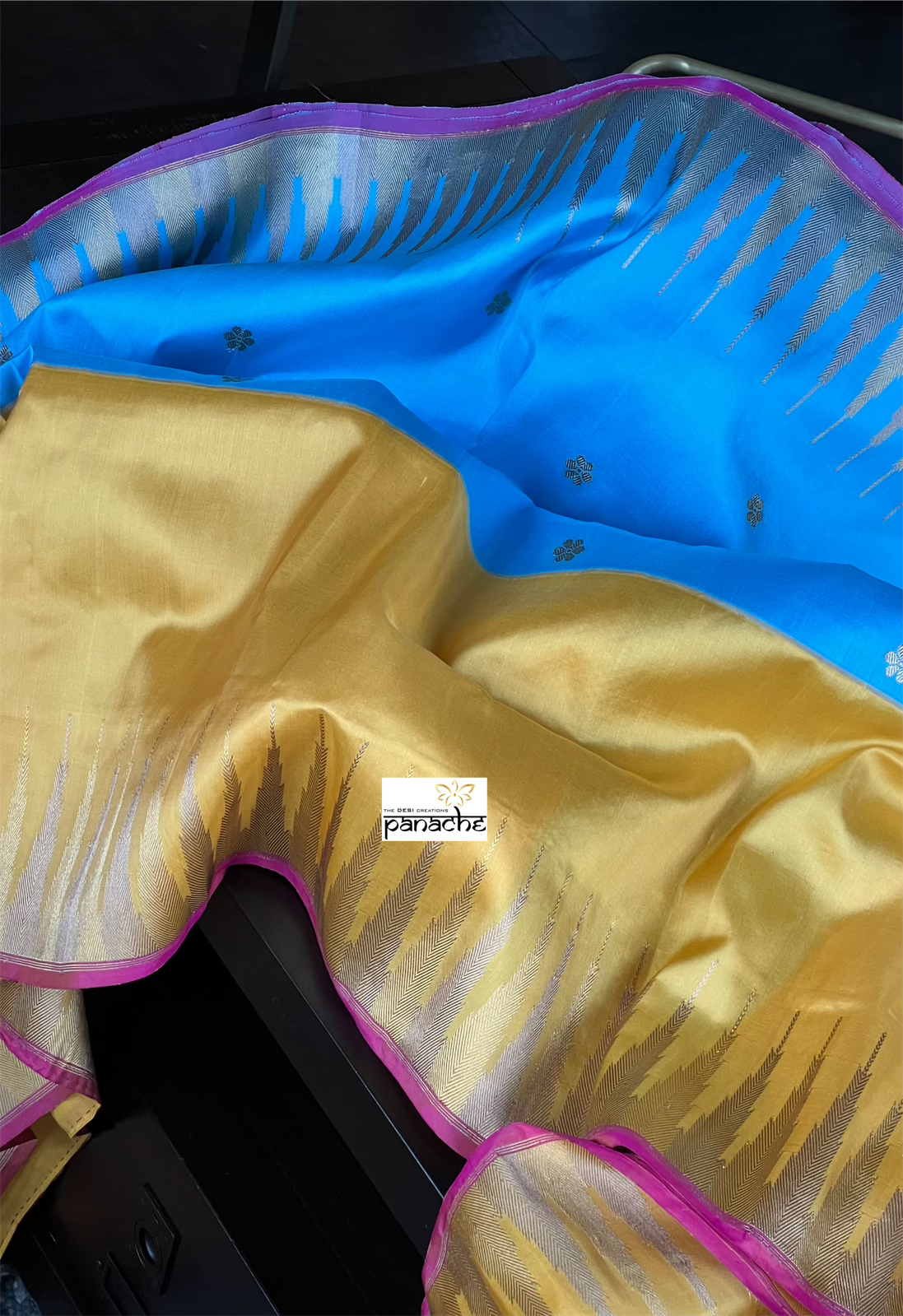 Pure Silk Katan Banarasi - Blue Yellow Kadwa
