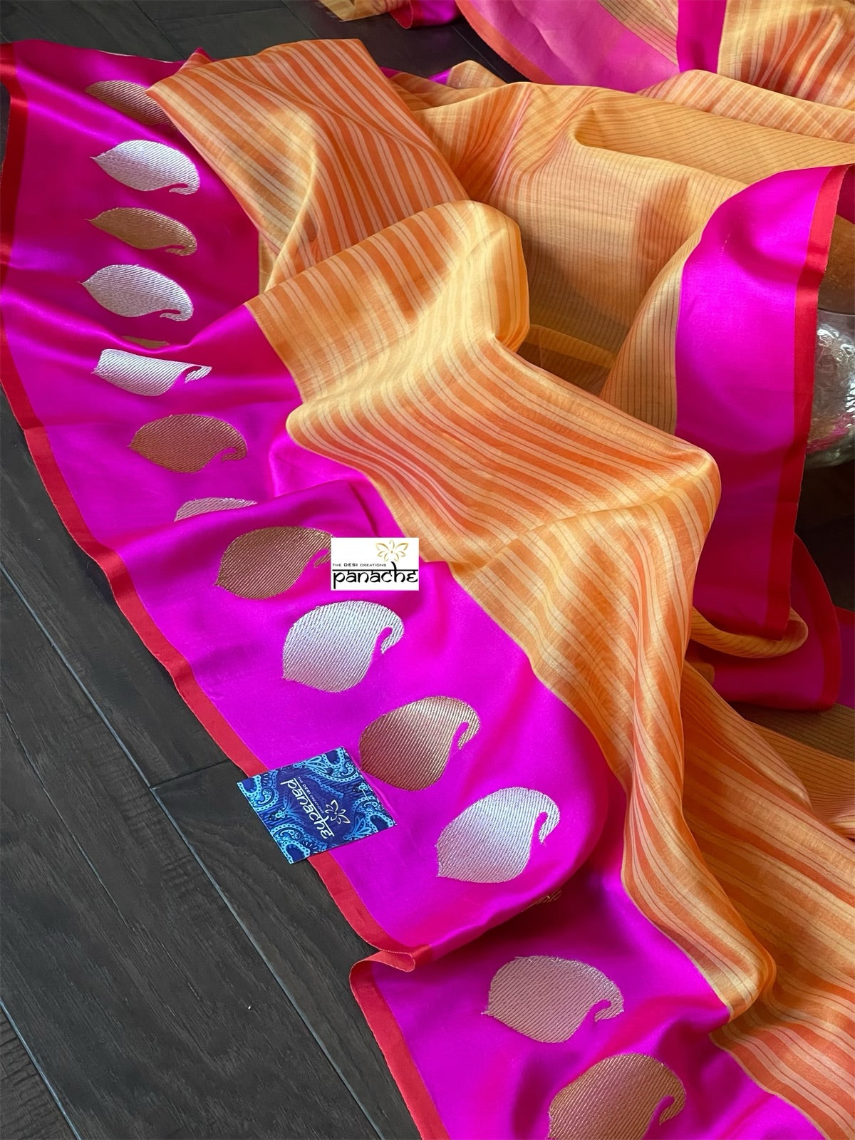 Pure Silk Cotton Banarasi - Orange Magenta Khadwa Woven