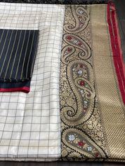 Pure Katan Silk Banarasi - Offwhite Black Checkered Kadwa Woven